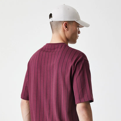 The Male model is wearing  New Era Pinstripe Dark Red Oversized T-Shirt 7