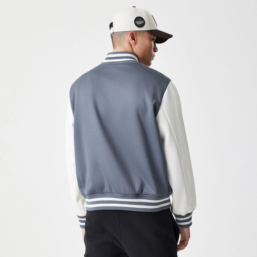 The Male model is wearing LA Dodgers MLB Dark Grey Varsity Jacket  2