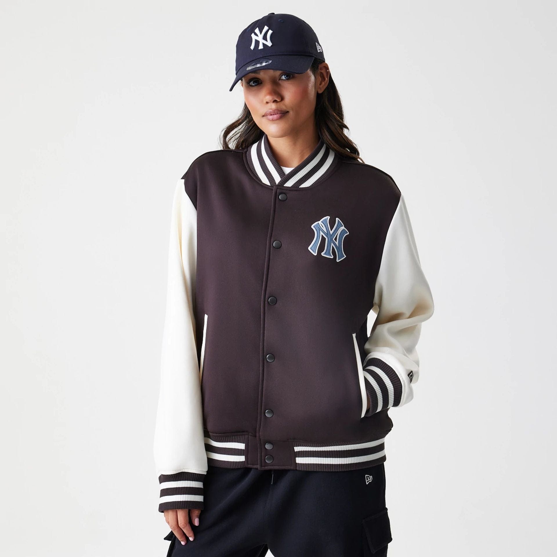 The Male model is wearing New York Yankees MLB Dark Brown Varsity Jacket  4