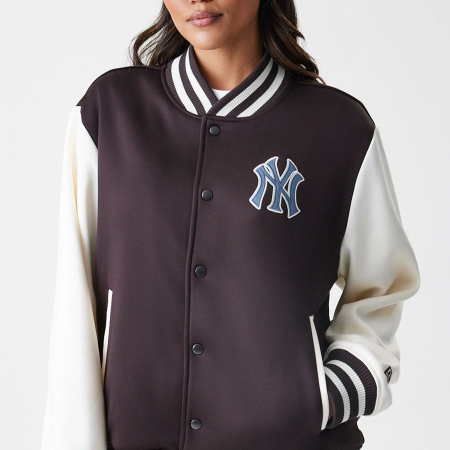 The Male model is wearing New York Yankees MLB Dark Brown Varsity Jacket  6