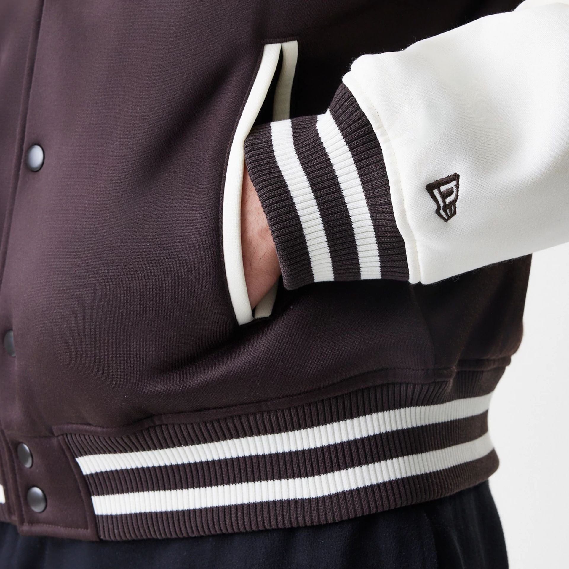 The Male model is wearing New York Yankees MLB Dark Brown Varsity Jacket  7