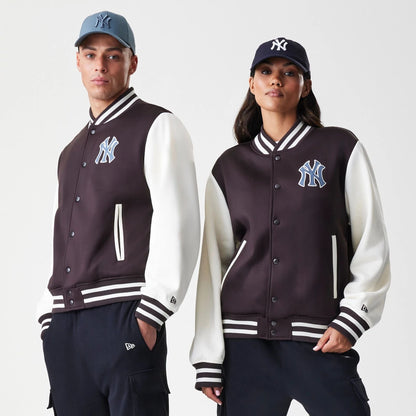 The Male model is wearing New York Yankees MLB Dark Brown Varsity Jacket  1