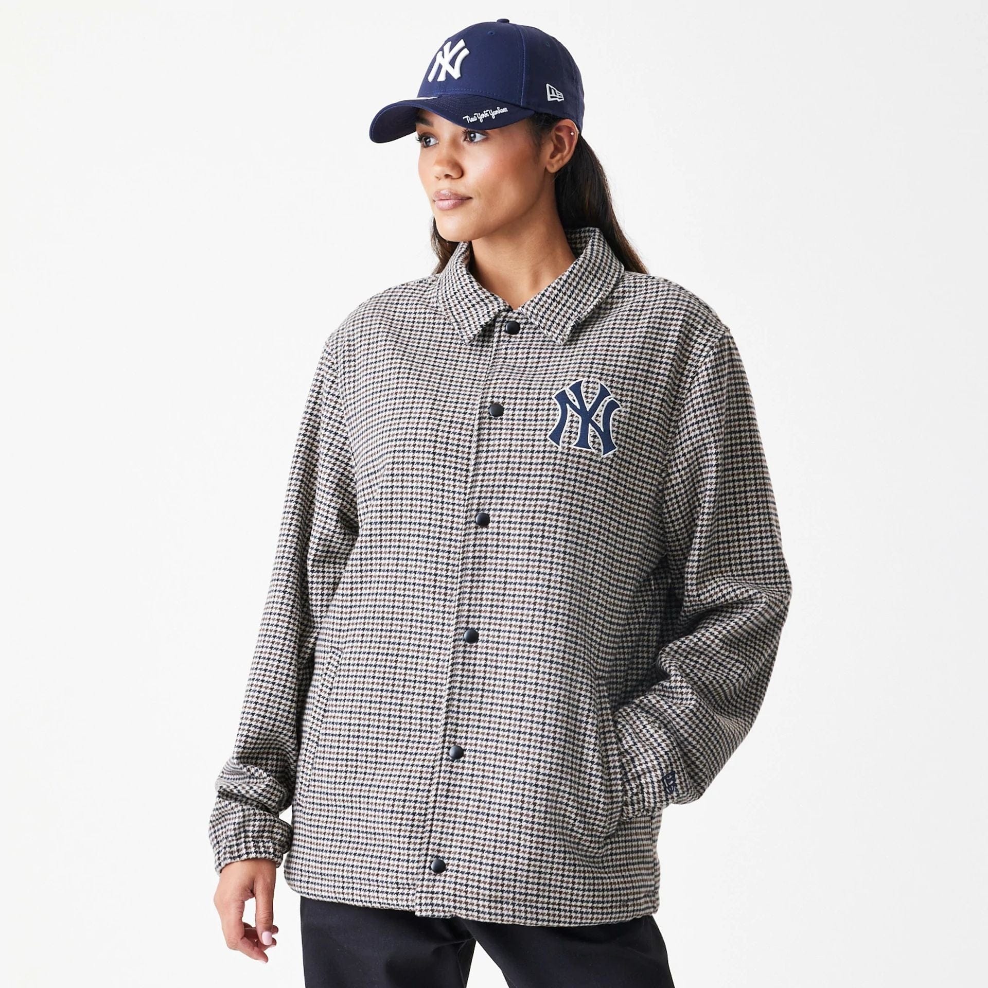 The Male model is wearing New York Yankees MLB Check Brown Jacket  4