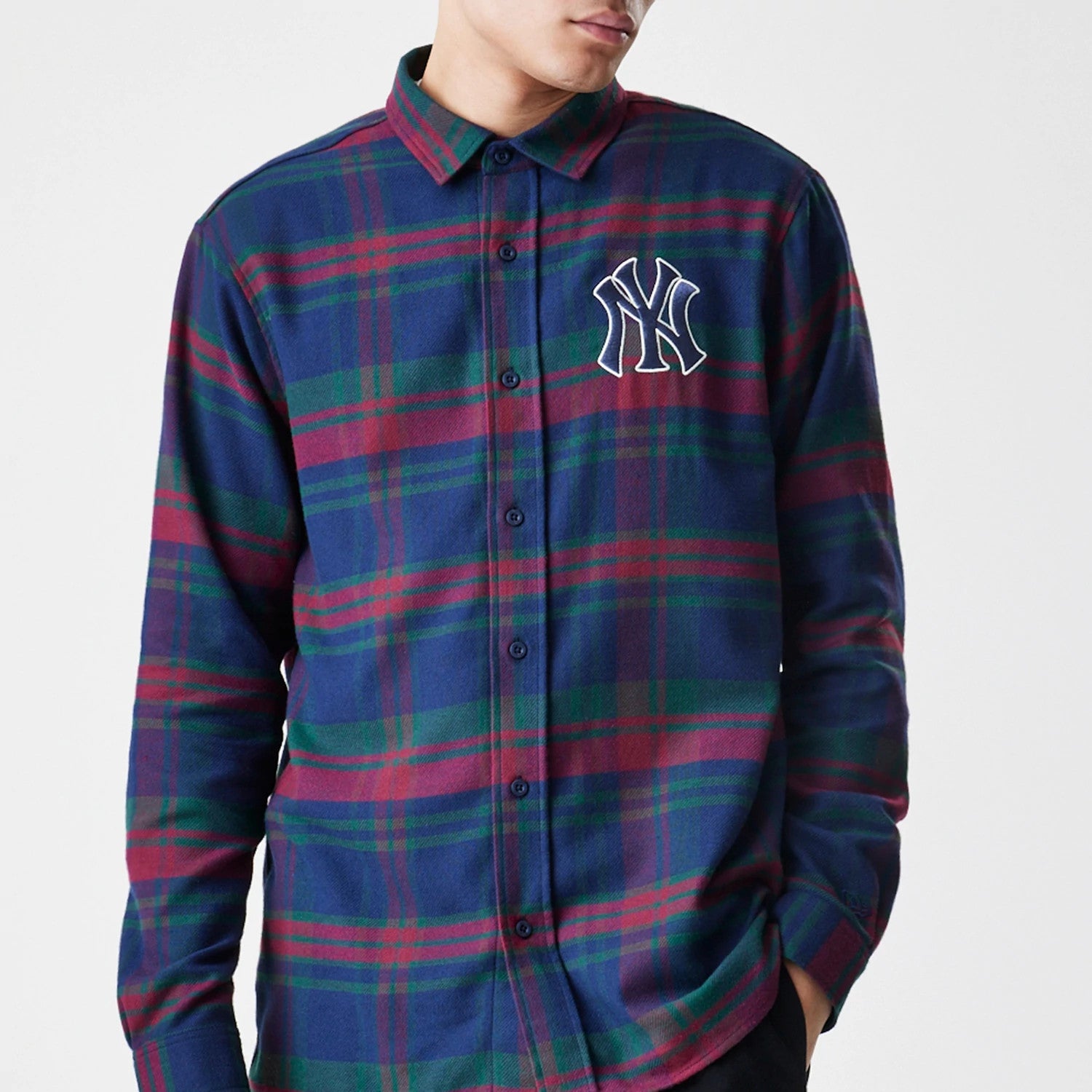 The Male model is wearing New York Yankees MLB Check Navy Long Sleeve Shirt 3
