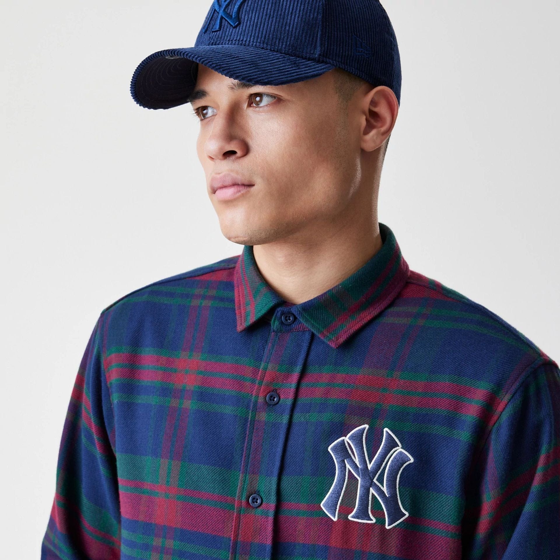 The Male model is wearing New York Yankees MLB Check Navy Long Sleeve Shirt  4