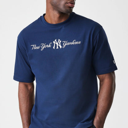 The Male model is wearing New York Yankees MLB Script Navy Oversized T-Shirt  3