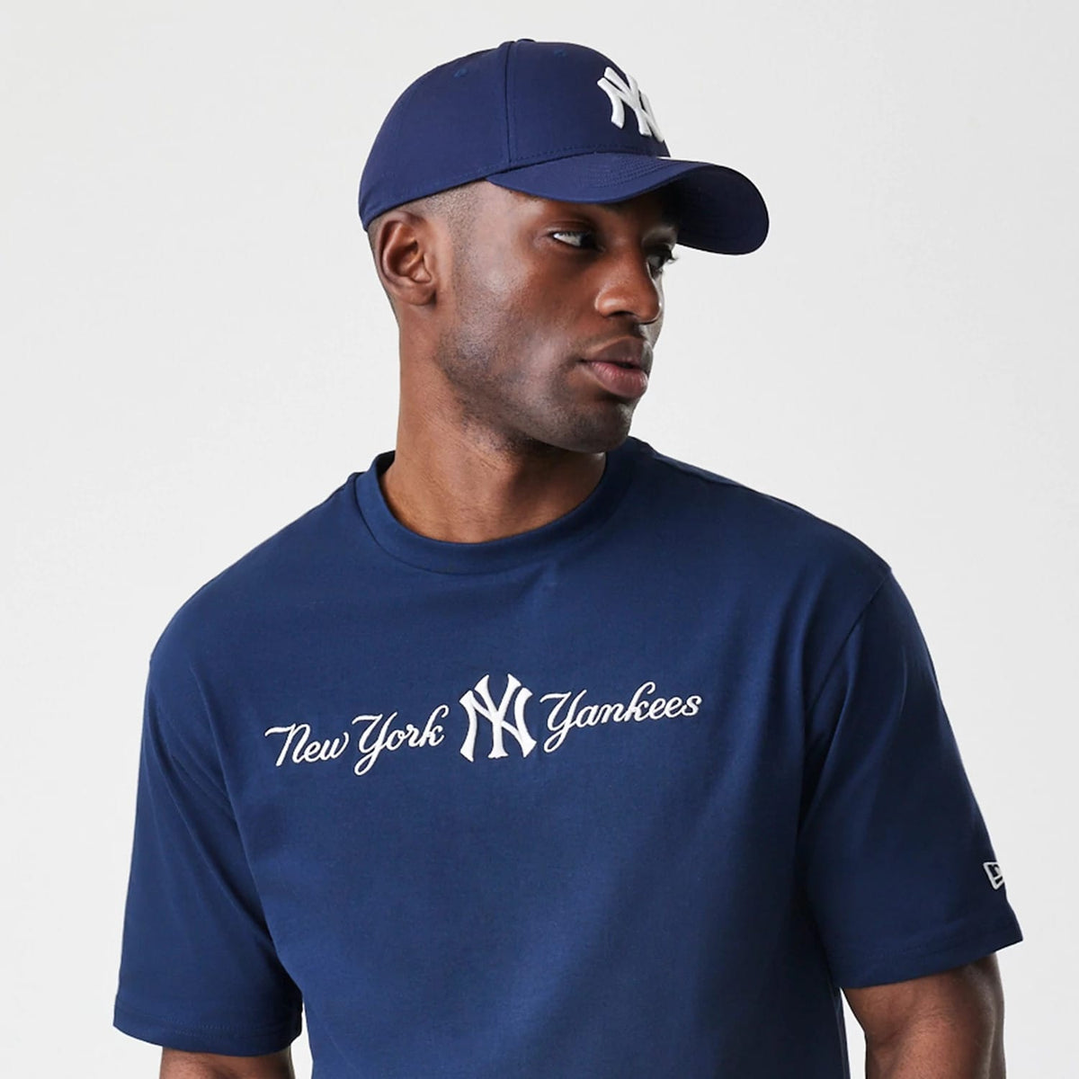 The Male model is wearing New York Yankees MLB Script Navy Oversized T-Shirt 6