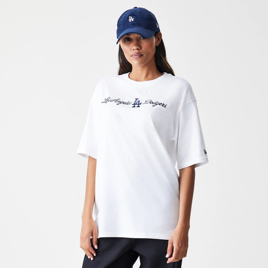 The Male model is wearing LA Dodgers MLB Script White Oversized T-Shirt  4