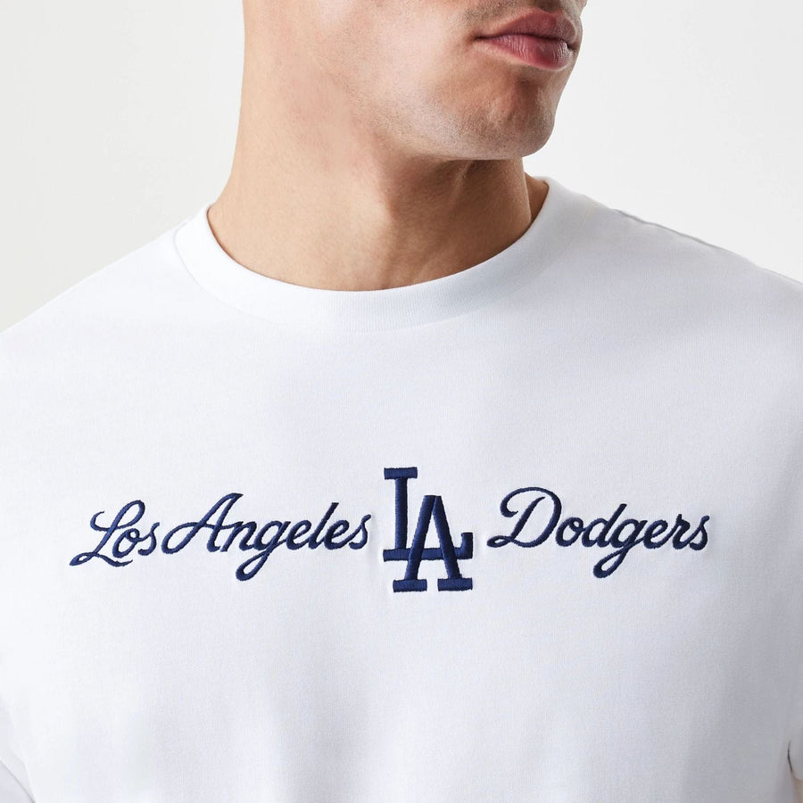 The Male model is wearing LA Dodgers MLB Script White Oversized T-Shirt  6