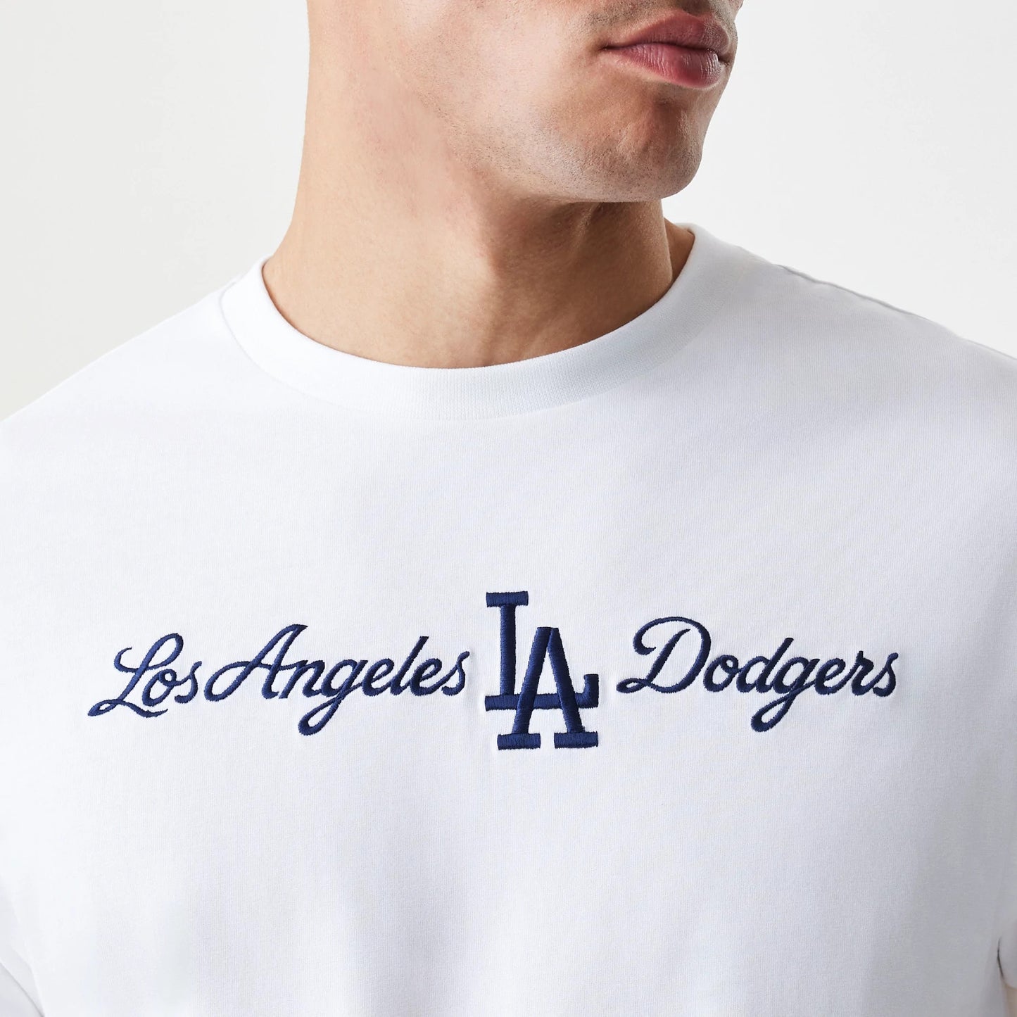 The Male model is wearing LA Dodgers MLB Script White Oversized T-Shirt 6