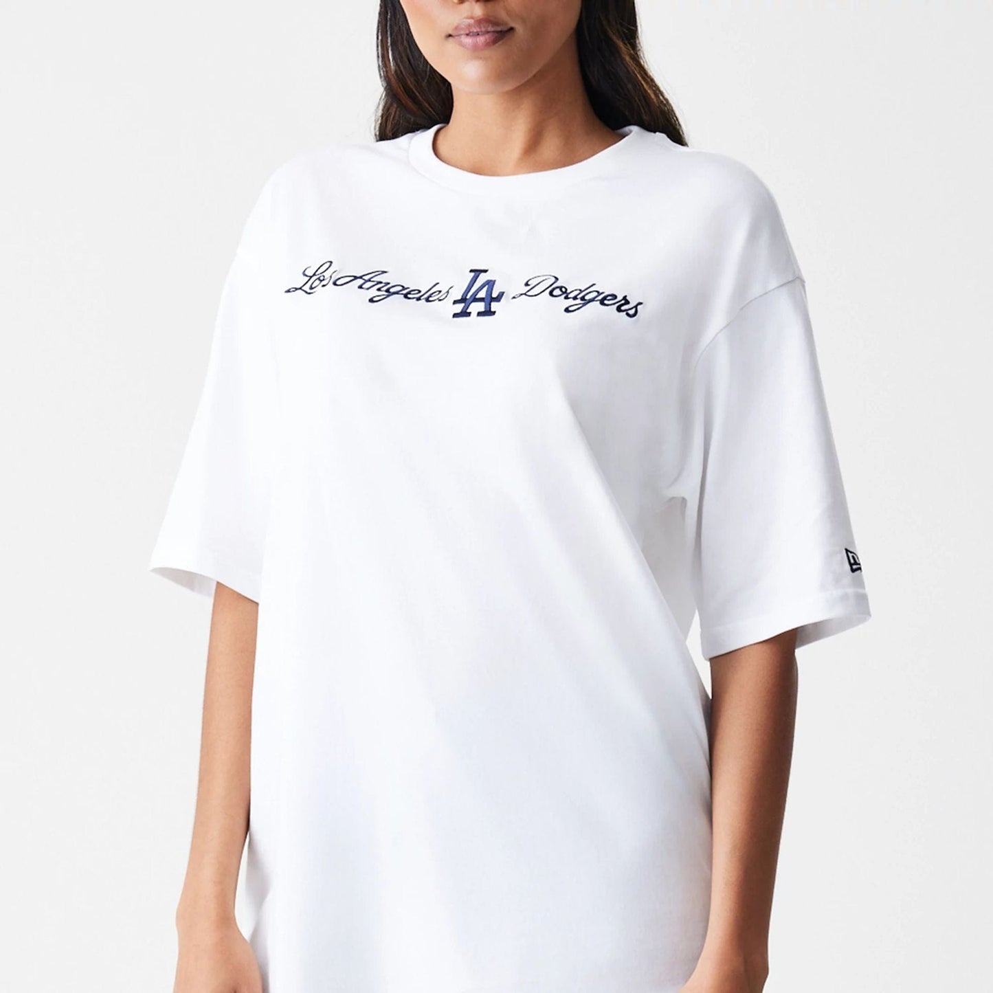 The Male model is wearing LA Dodgers MLB Script White Oversized T-Shirt  7