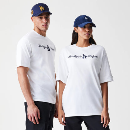The Male model is wearing LA Dodgers MLB Script White Oversized T-Shirt 1
