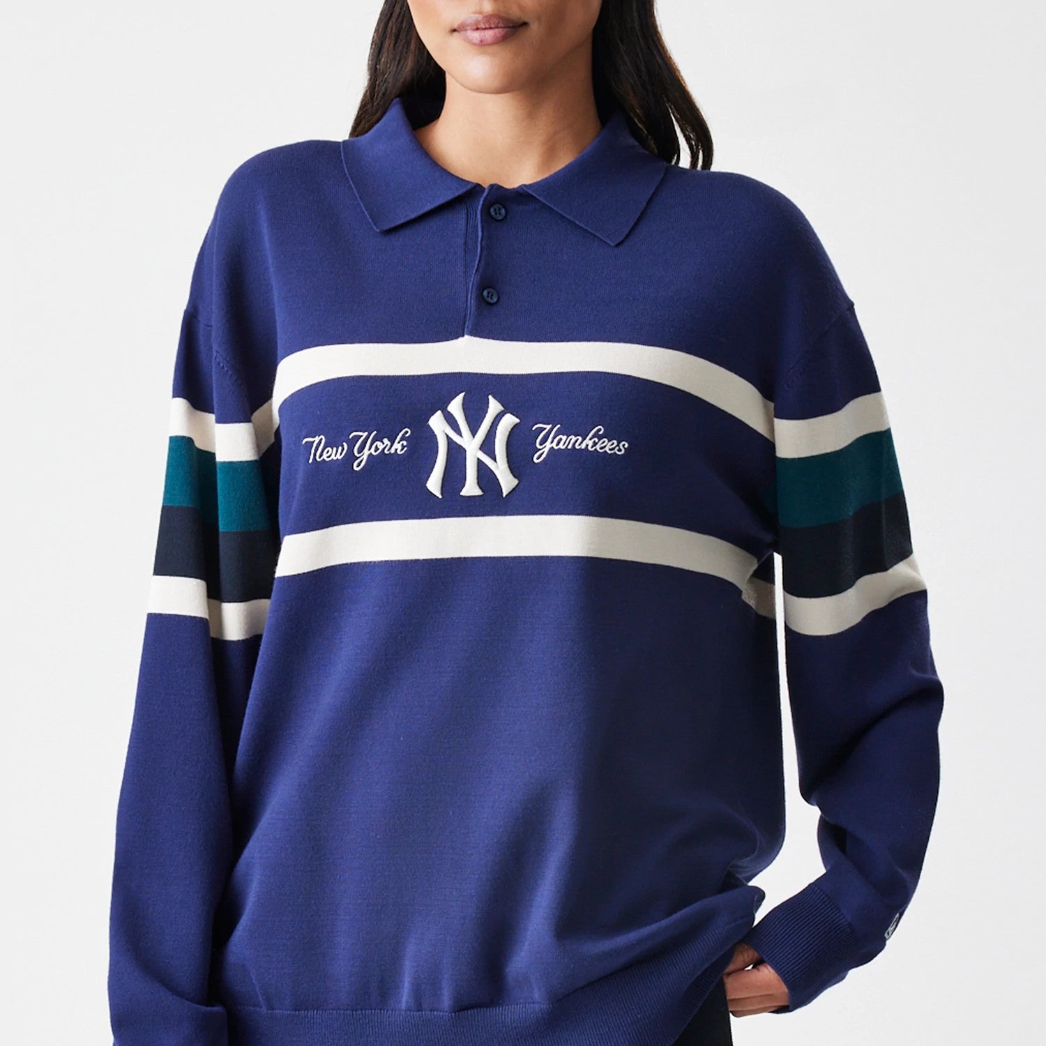 The Male model is wearing New York Yankees MLB Knit Navy Rugby Shirt 6