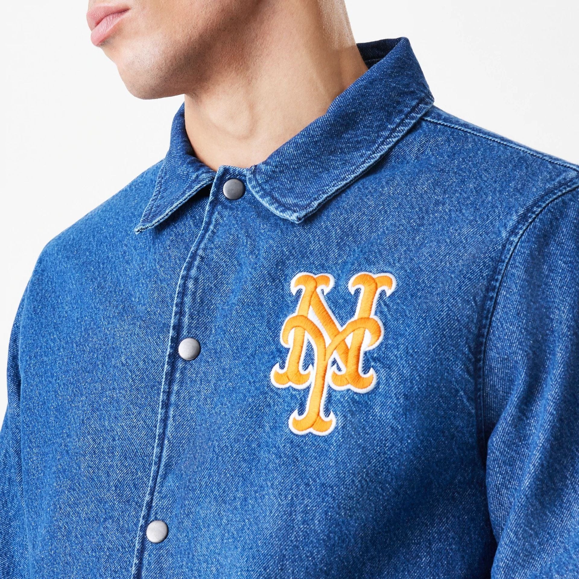 The Male model is wearing New York Mets MLB Denim Dark Blue Coaches Jacket  6