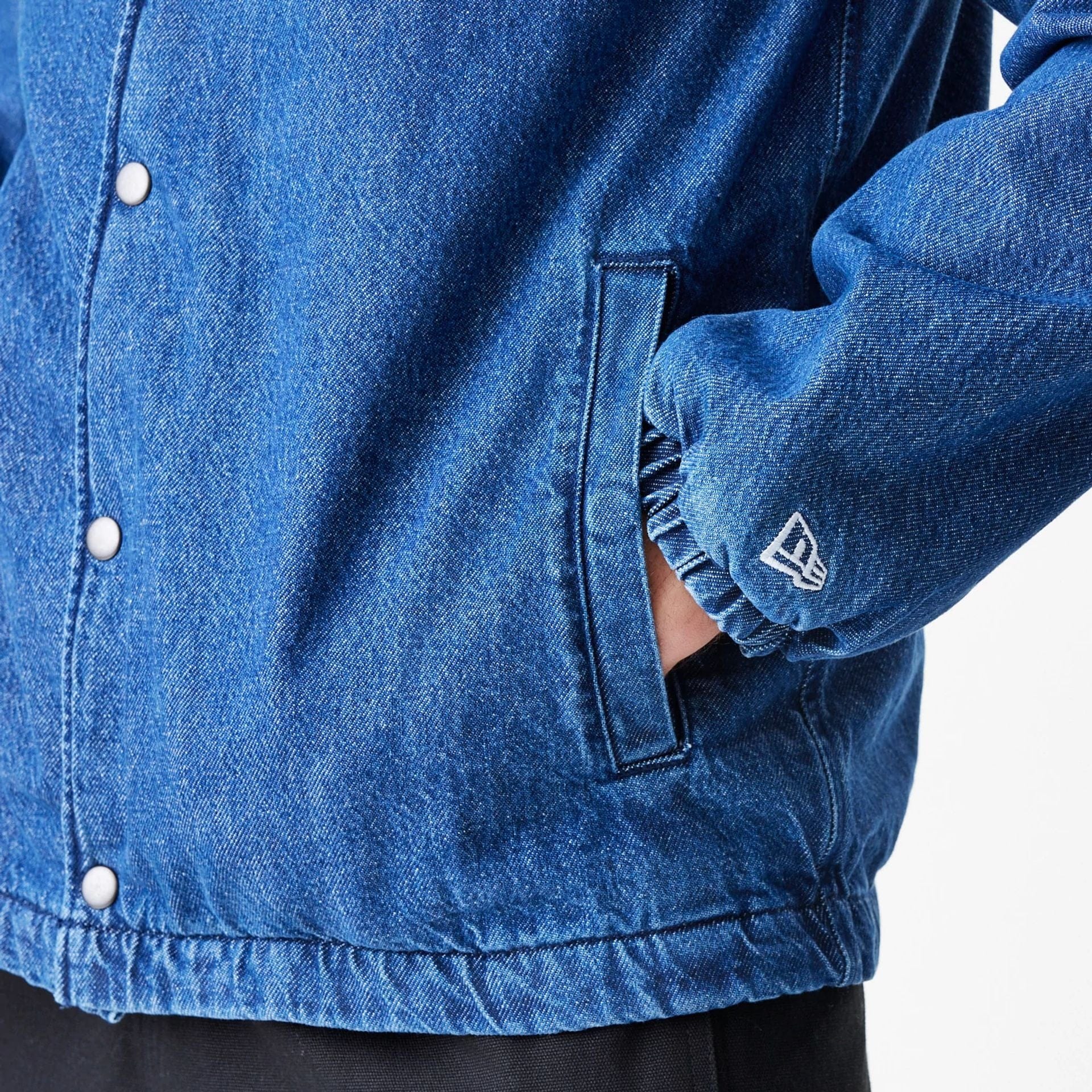 The Male model is wearing New York Mets MLB Denim Dark Blue Coaches Jacket  5