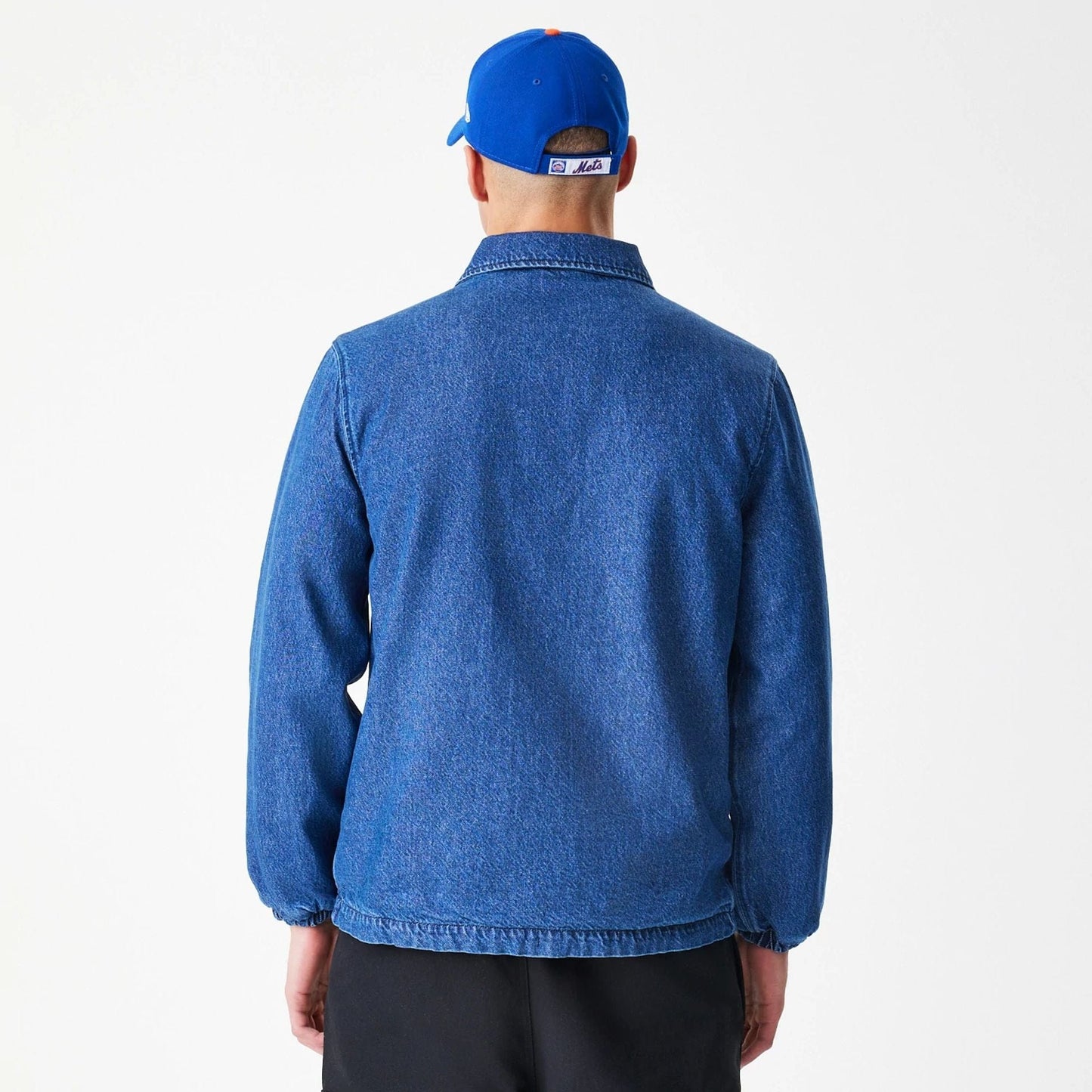 The Male model is wearing New York Mets MLB Denim Dark Blue Coaches Jacket  2