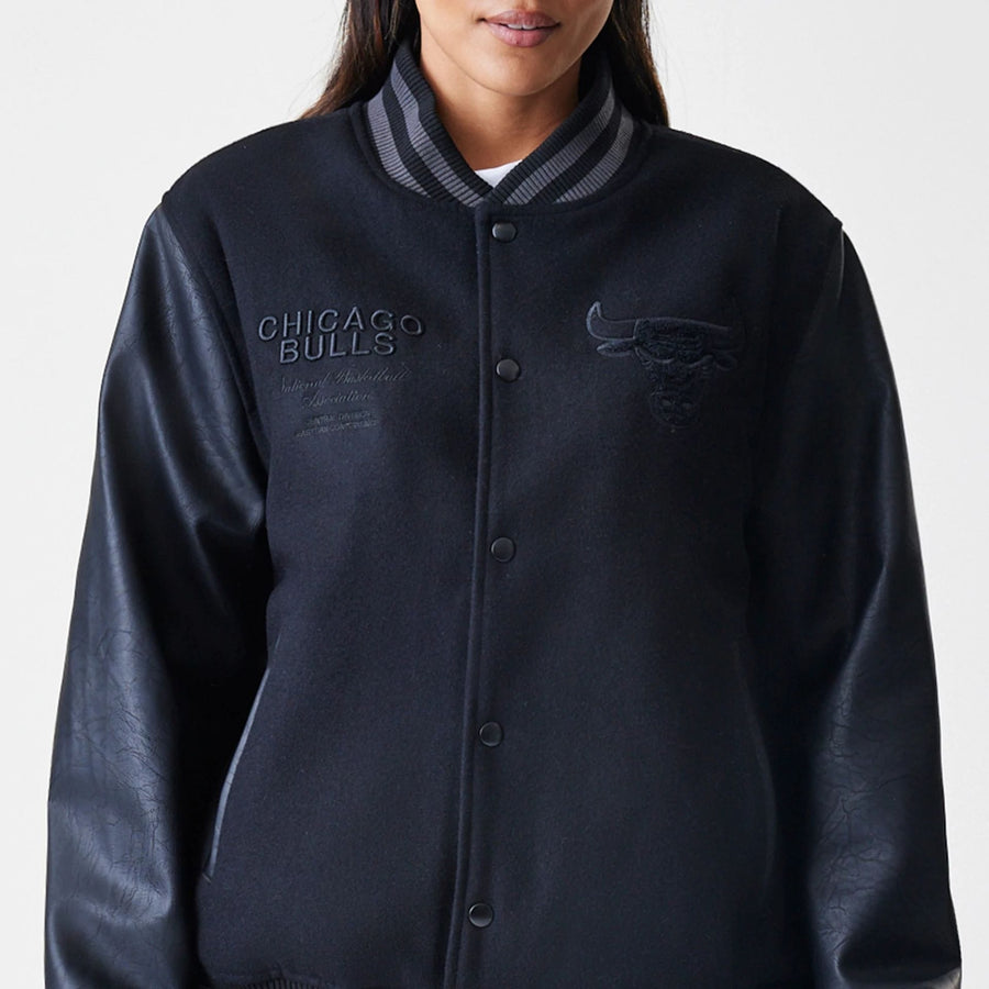 The Male model is wearing Chicago Bulls NBA Tonal Black Varsity Jacket  5