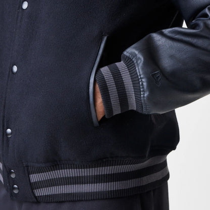 The Male model is wearing Chicago Bulls NBA Tonal Black Varsity Jacket  8