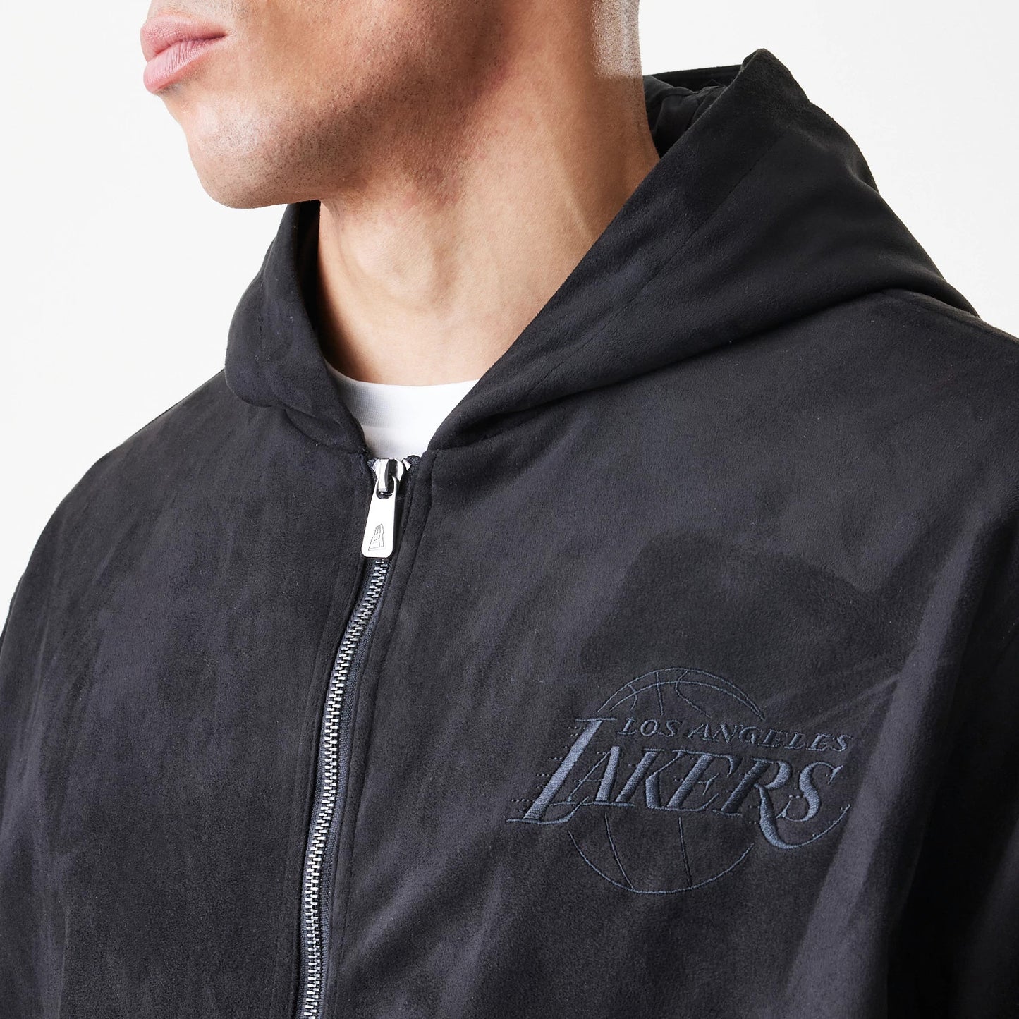 The Male model is wearing LA Lakers NBA Suede Black Hooded Jacket 5