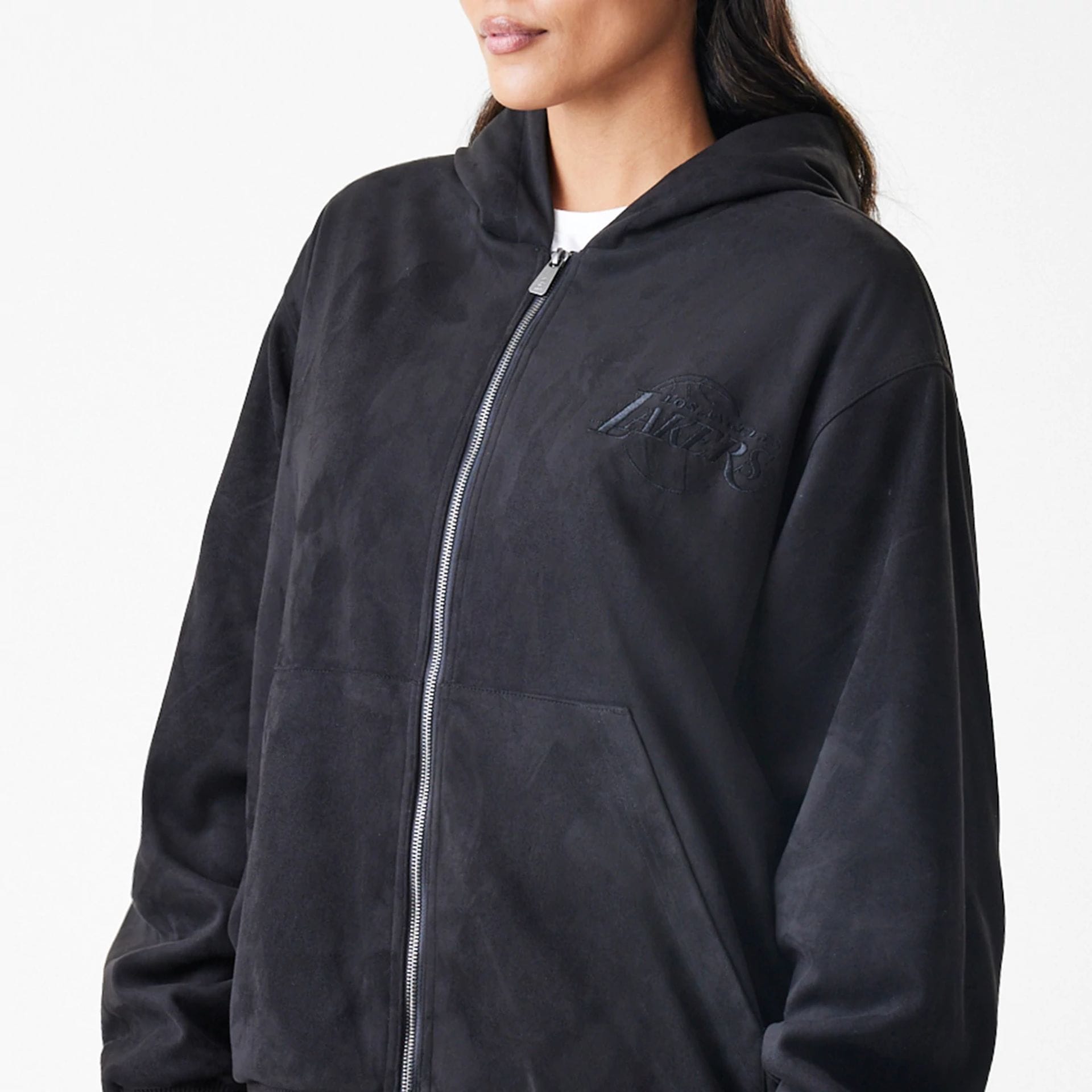 The Male model is wearing LA Lakers NBA Suede Black Hooded Jacket 6