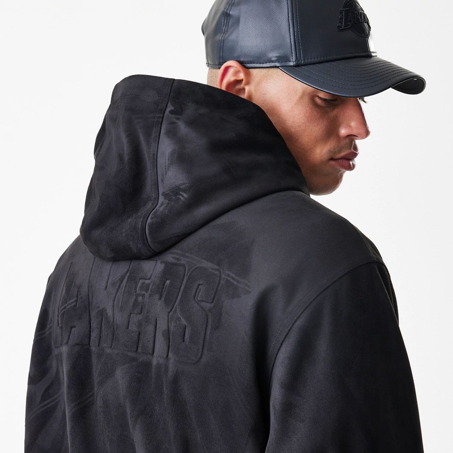 The Male model is wearing LA Lakers NBA Suede Black Hooded Jacket 8