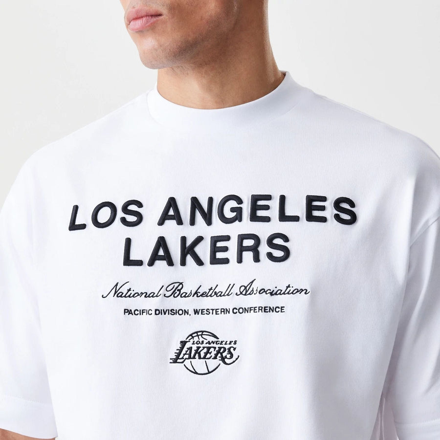 The Male model is wearing LA Lakers NBA Linear White T-Shirt  5
