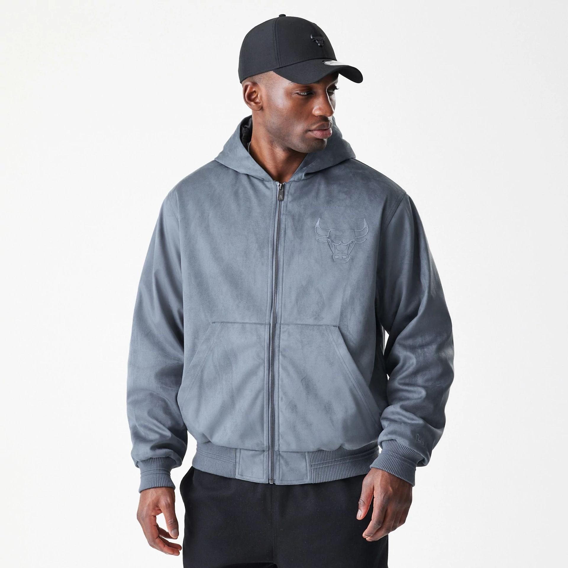 The Male model is wearing Chicago Bulls NBA Suede Dark Grey Jacket 3