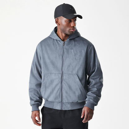 The Male model is wearing Chicago Bulls NBA Suede Dark Grey Jacket 3