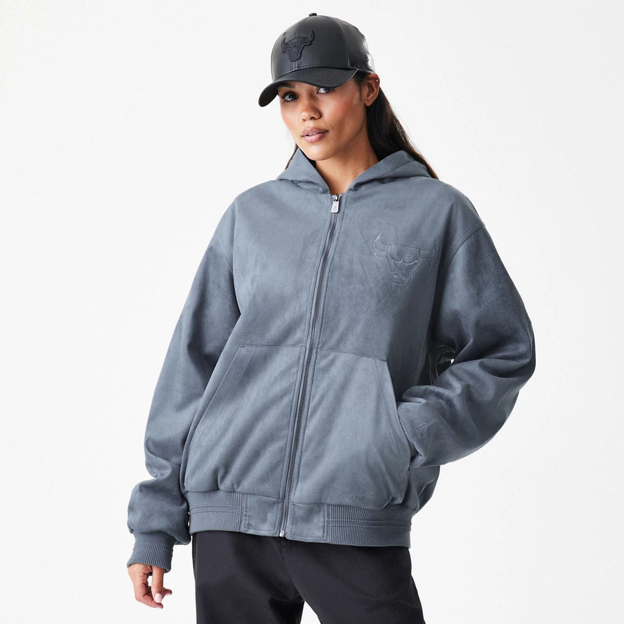 The Male model is wearing Chicago Bulls NBA Suede Dark Grey Jacket 4