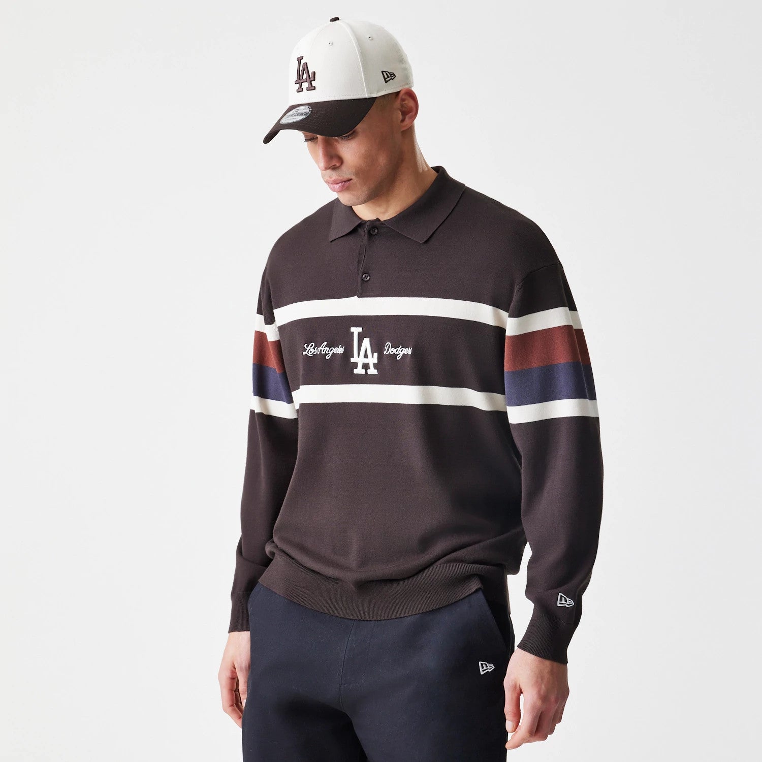 The Male model is wearing LA Dodgers MLB Knit Brown Rugby Shirt 3