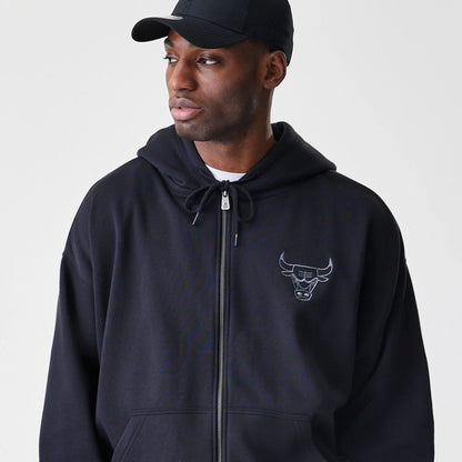 The Male model is wearing Chicago Bulls NBA Linear Black Oversized Full Zip Hoodie  6