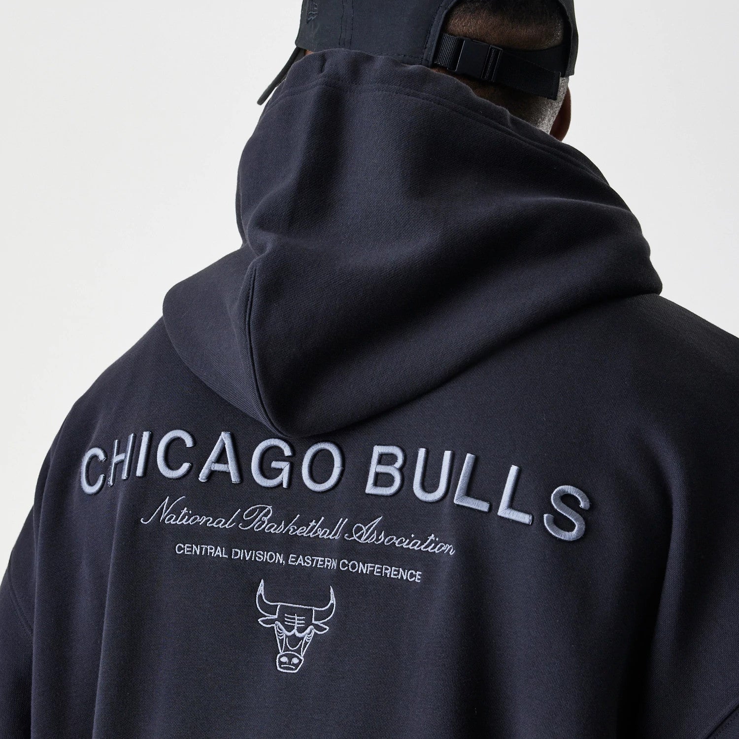 The Male model is wearing Chicago Bulls NBA Linear Black Oversized Full Zip Hoodie 7