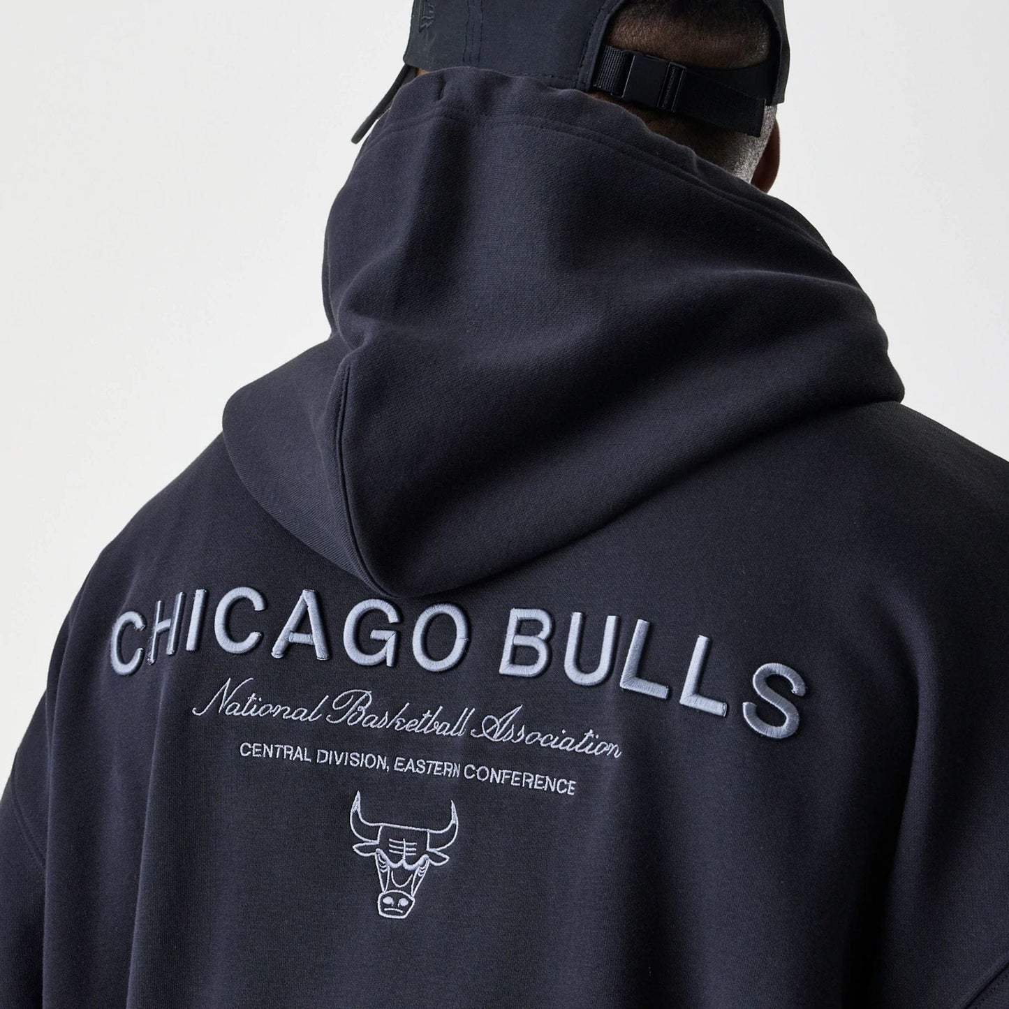 The Male model is wearing Chicago Bulls NBA Linear Black Oversized Full Zip Hoodie  7