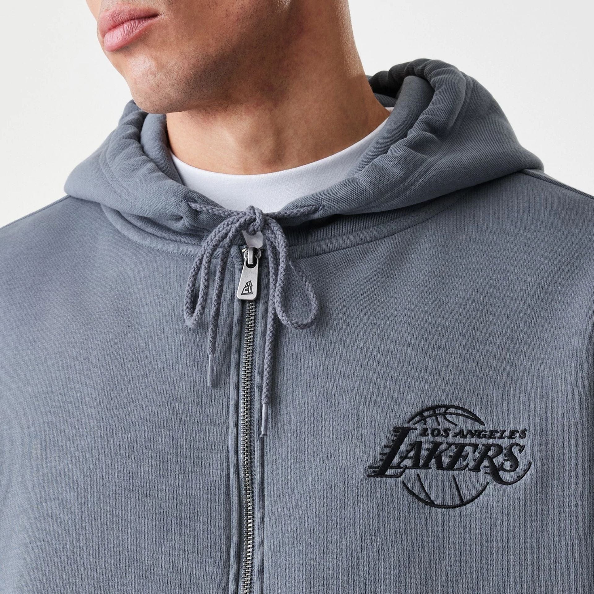 The Male model is wearing LA Lakers NBA Linear Dark Grey Oversized Full Zip Hoodie  6