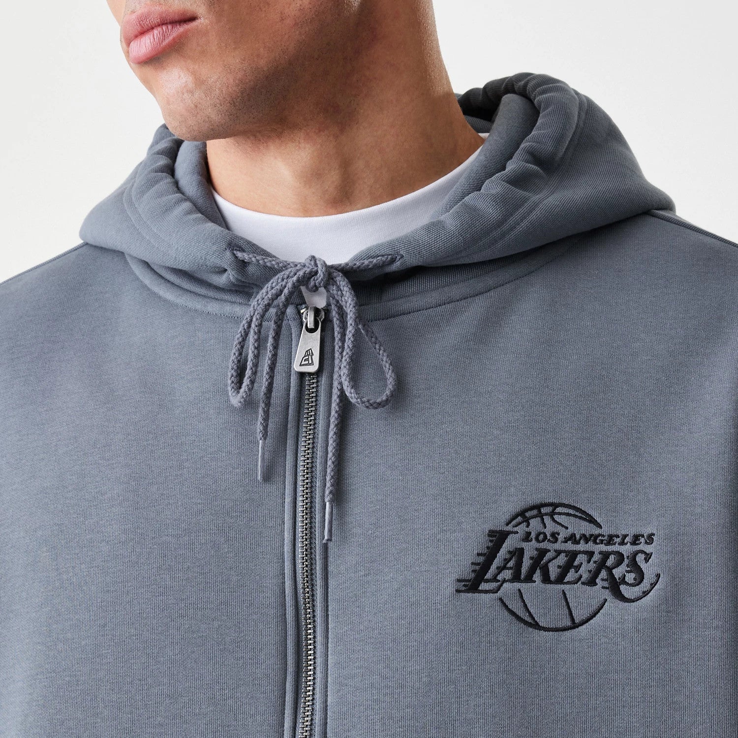 The Male model is wearing LA Lakers NBA Linear Dark Grey Oversized Full Zip Hoodie 6
