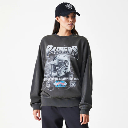 The Male model is wearing Las Vegas Raiders NFL Washed Boxy Dark Grey Oversized Crew Neck Sweater 4