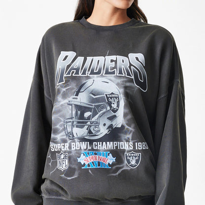 The Male model is wearing Las Vegas Raiders NFL Washed Boxy Dark Grey Oversized Crew Neck Sweater 6