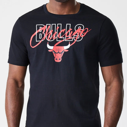 The Male model is wearing Chicago Bulls NBA Script Black T-Shirt  3