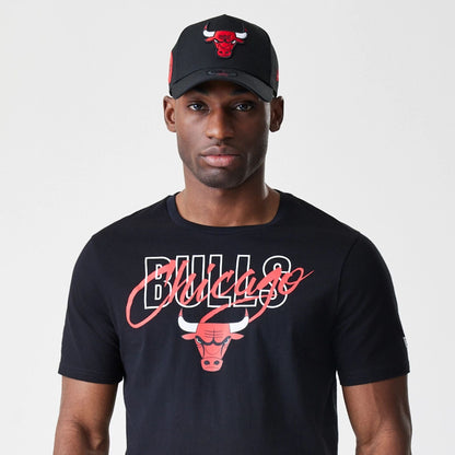The Male model is wearing Chicago Bulls NBA Script Black T-Shirt  6