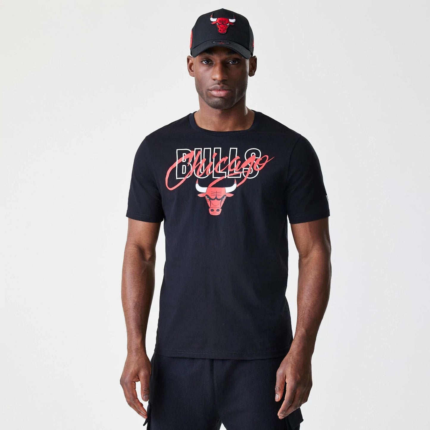 The Male model is wearing Chicago Bulls NBA Script Black T-Shirt  1