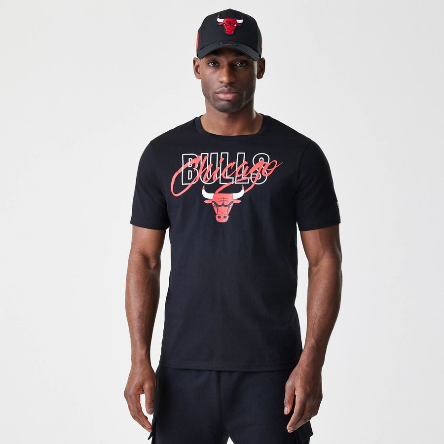 The Male model is wearing Chicago Bulls NBA Script Black T-Shirt  1