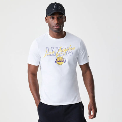 The Male model is wearing LA Lakers NBA Script White T-Shirt  1