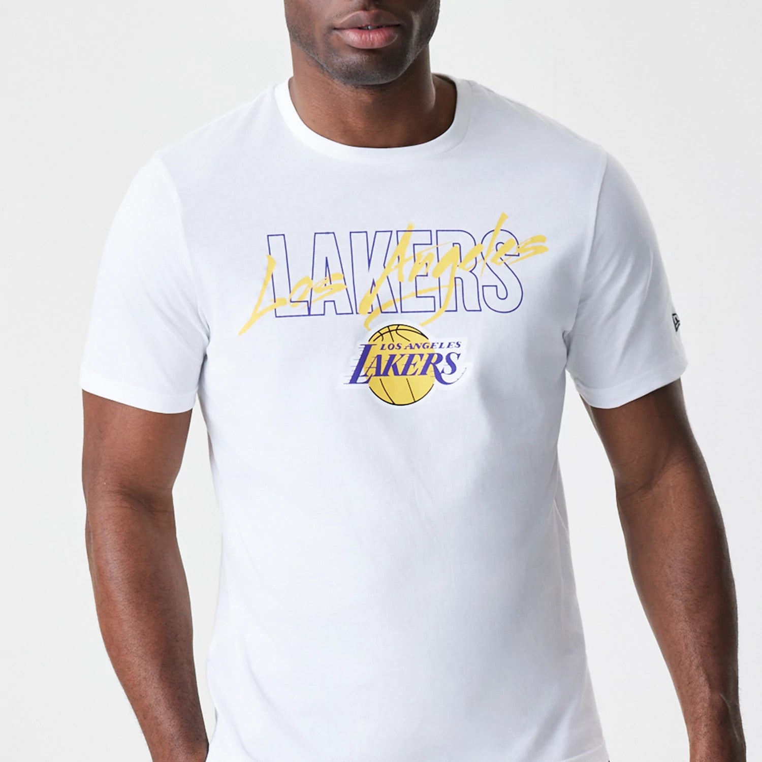 The Male model is wearing LA Lakers NBA Script White T-Shirt 3
