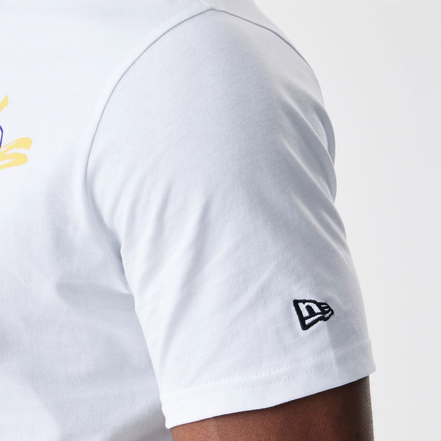 The Male model is wearing LA Lakers NBA Script White T-Shirt  5