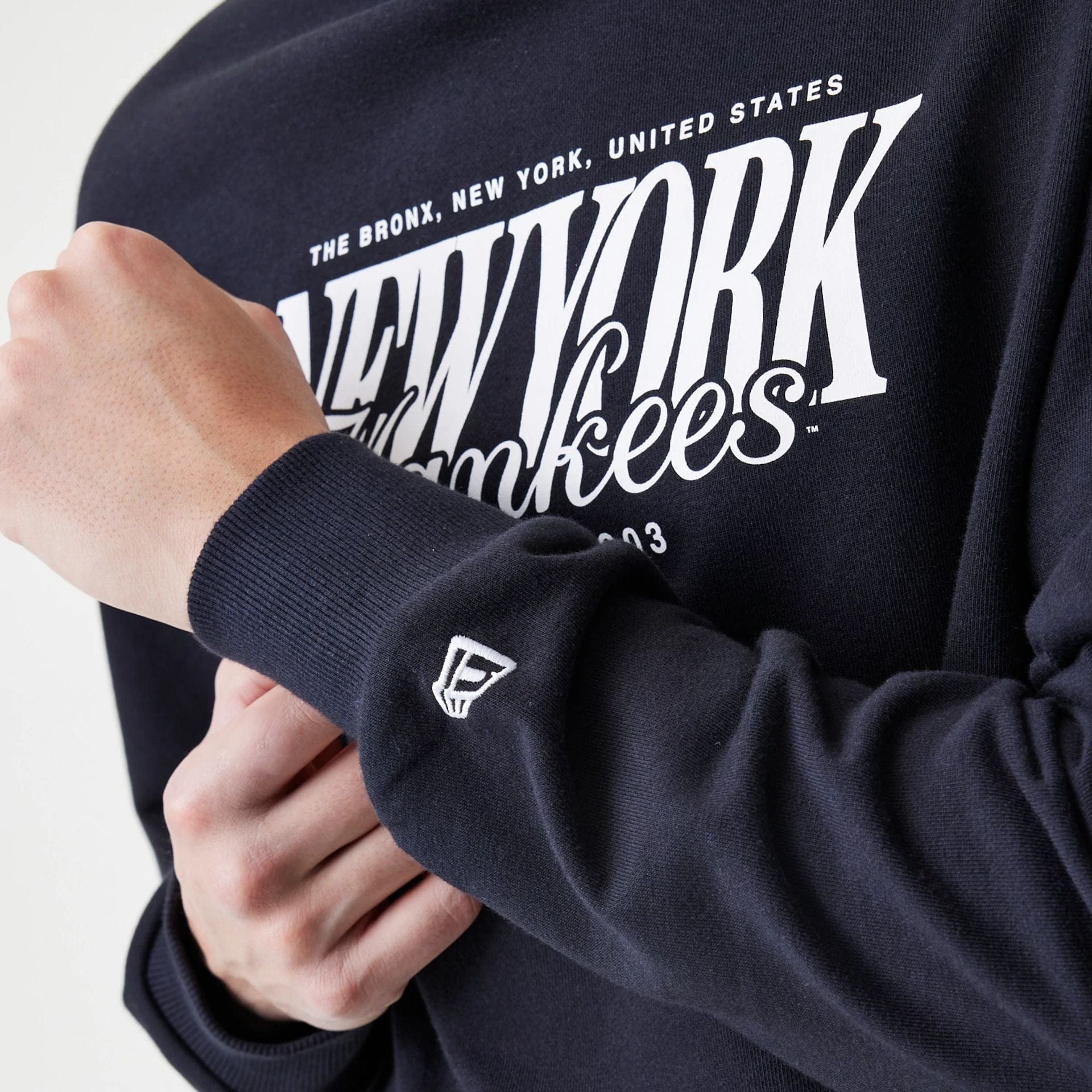 The Male model is wearing New York Yankees MLB Script Black Crew Neck Sweater  5