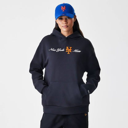 The Male model is wearing New York Mets MLB Script Black Oversized Pullover Hoodie 4
