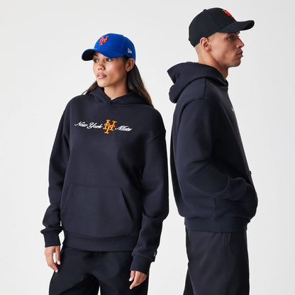 The Male model is wearing New York Mets MLB Script Black Oversized Pullover Hoodie  1