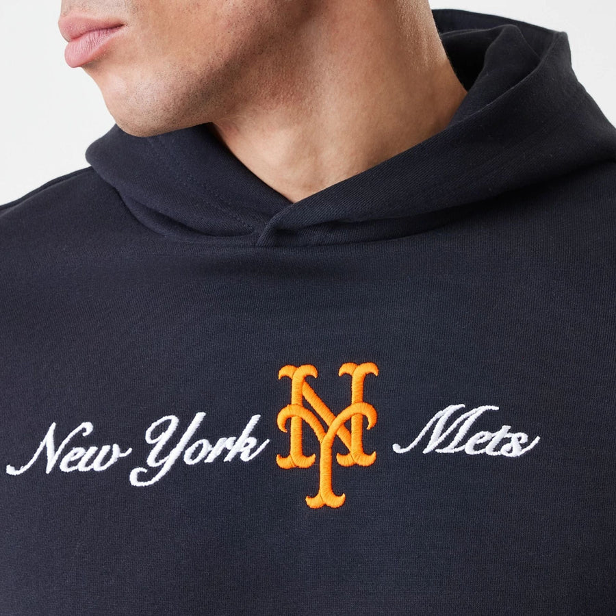 The Male model is wearing New York Mets MLB Script Black Oversized Pullover Hoodie  5