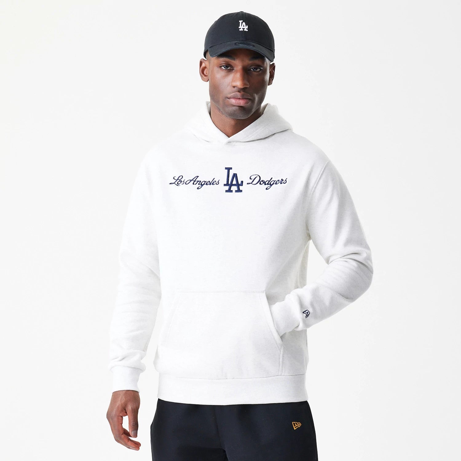 The Male model is wearing LA Dodgers MLB Script White Oversized Pullover Hoodie 3