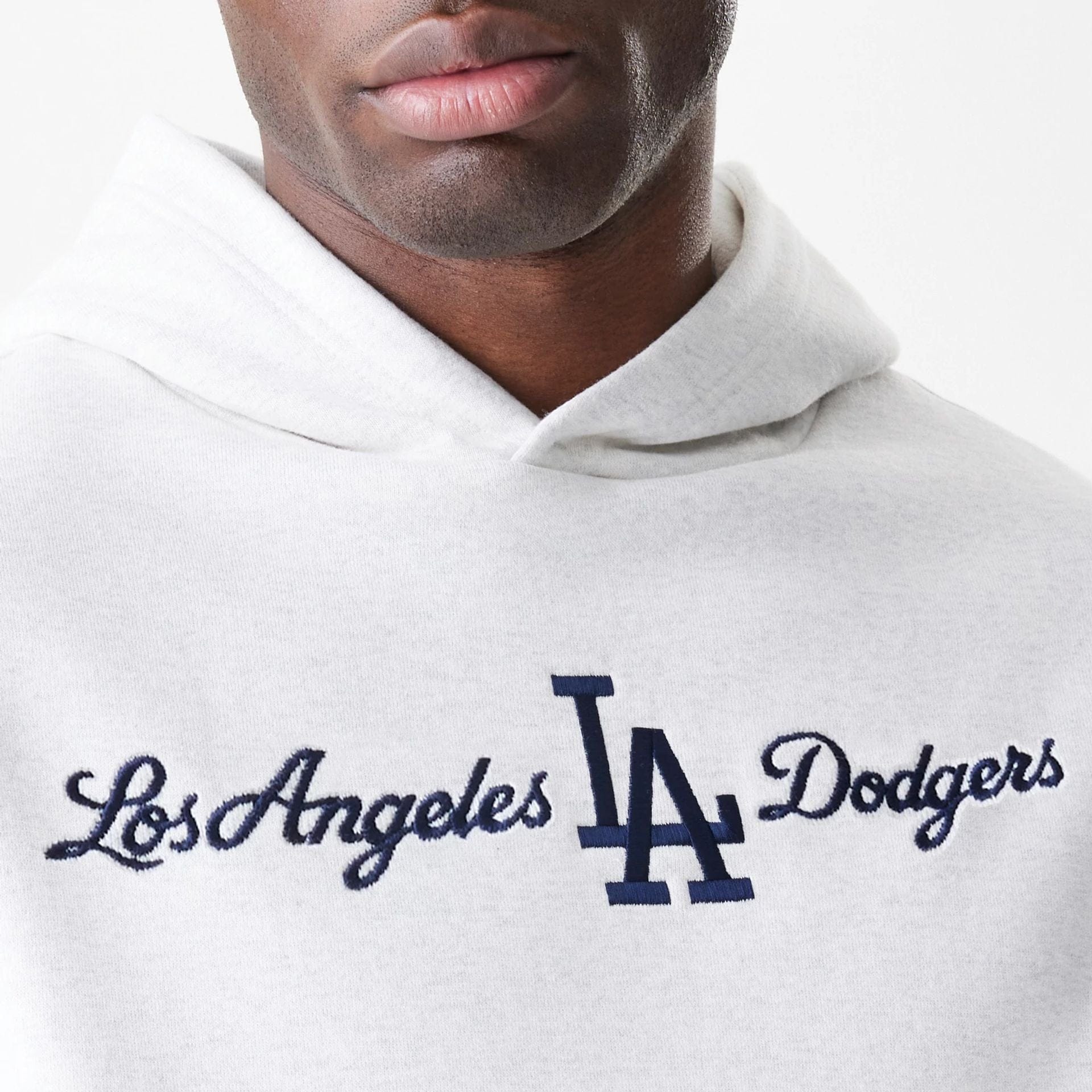 The Male model is wearing LA Dodgers MLB Script White Oversized Pullover Hoodie  5